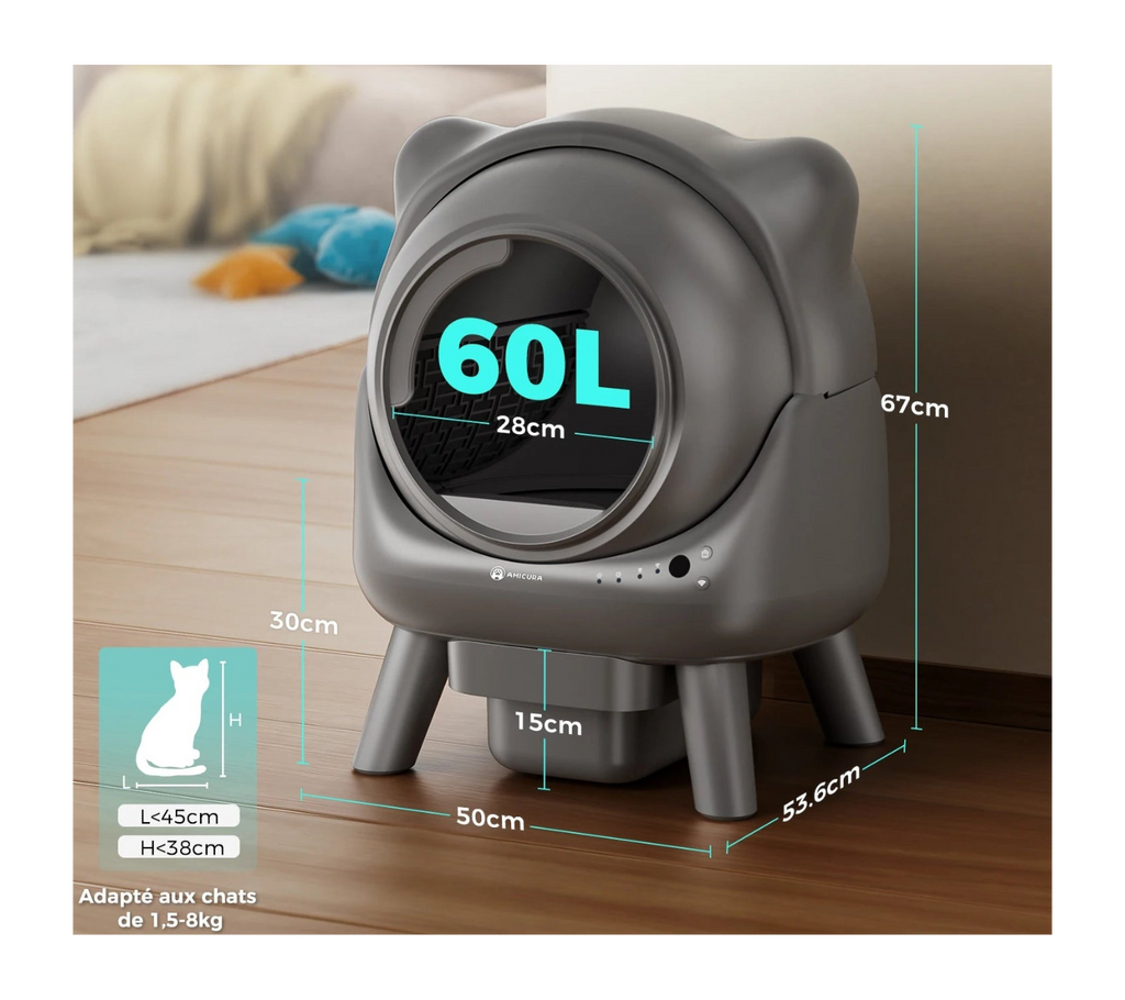 Bac à litière automatique pour chat autonettoyant avec contrôle par application, capteur de sécurité