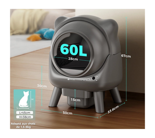 Bac à litière automatique pour chat autonettoyant avec contrôle par application, capteur de sécurité