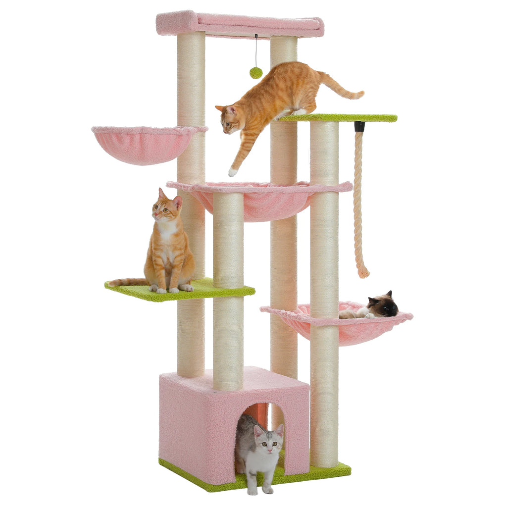 Grand arbre à chat 170 cm pour grands chats – 7 niveaux avec hamacs, niche et plateformes