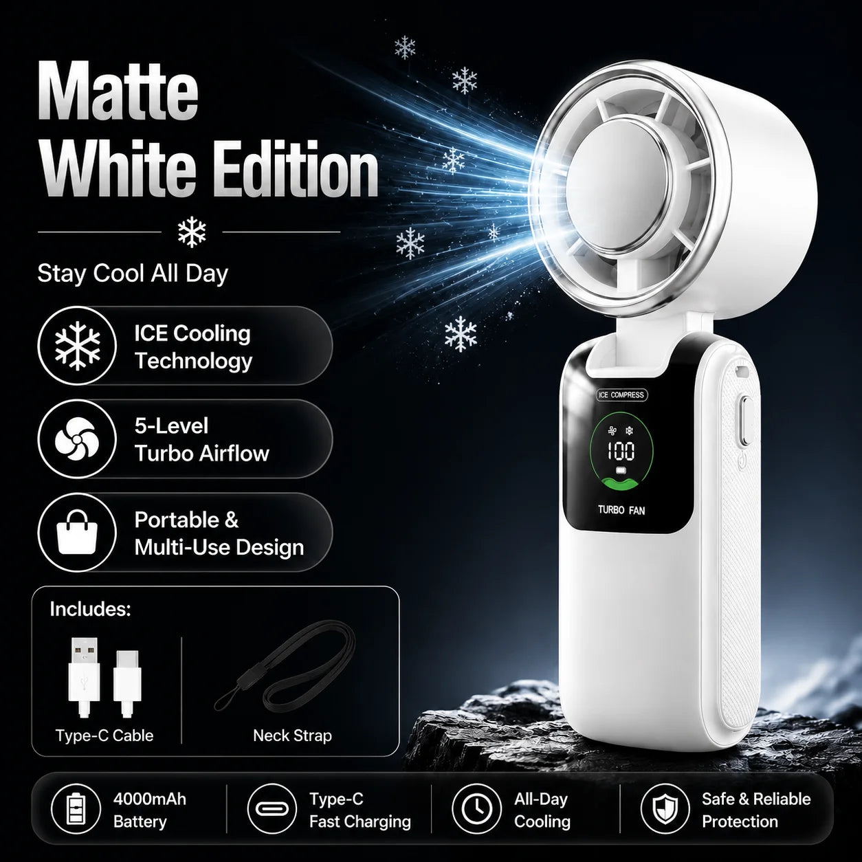 Ice Cooling Portable Neck Fan, 5-Speed Turbo Wind Foldable Hands Free Cooler, 4000mAh 9H Battery Travel Outdoor