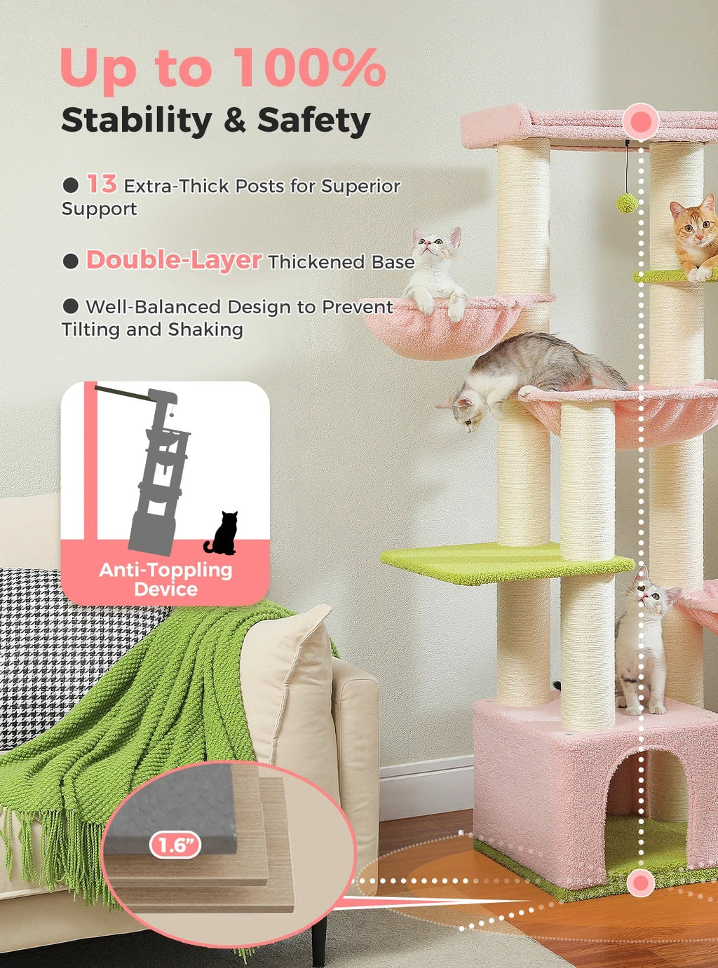 Grand arbre à chat 170 cm pour grands chats – 7 niveaux avec hamacs, niche et plateformes