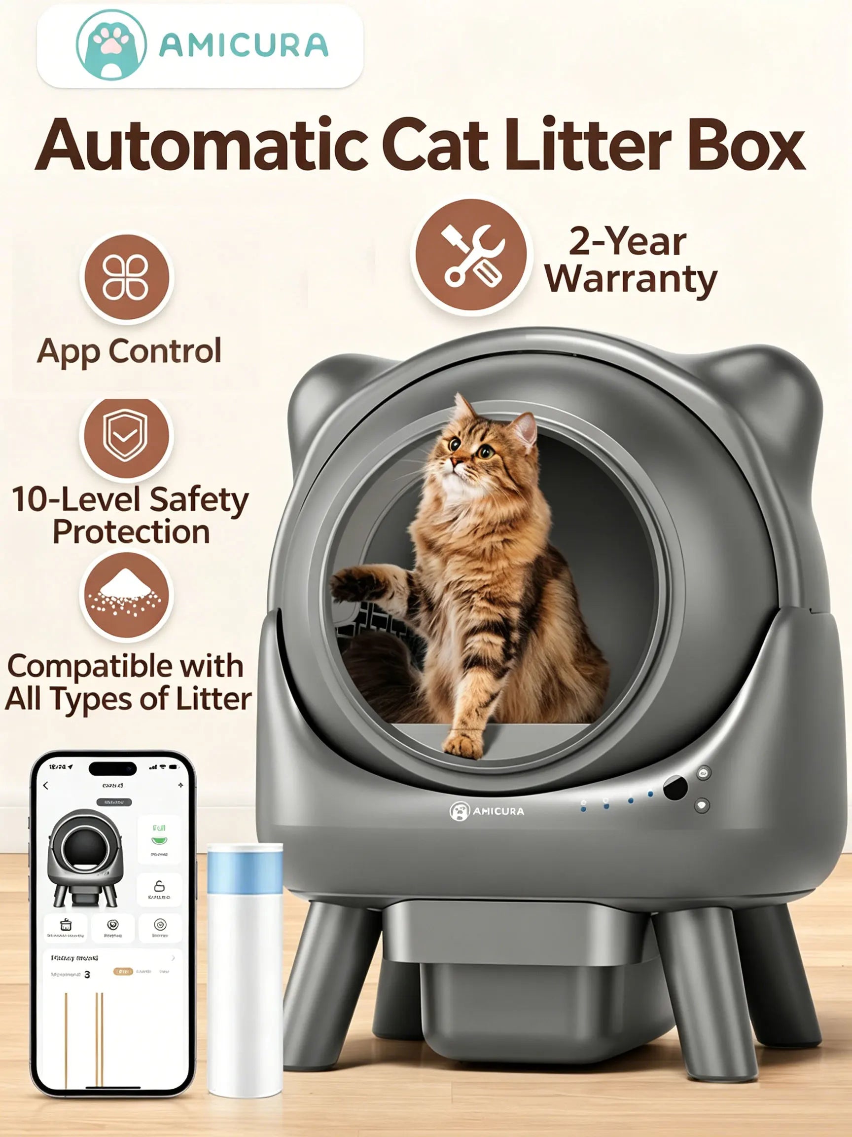 Bac à litière automatique pour chat autonettoyant avec contrôle par application, capteur de sécurité