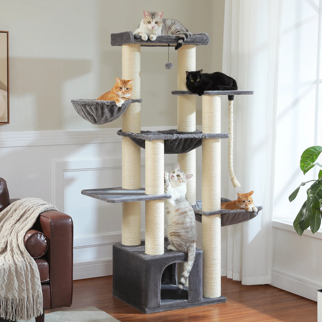 Grand arbre à chat 170 cm pour grands chats – 7 niveaux avec hamacs, niche et plateformes