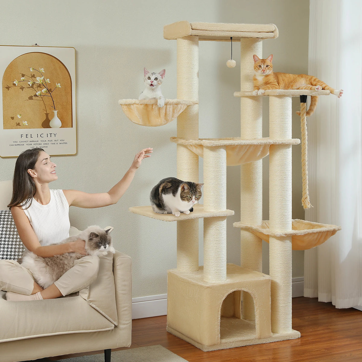 Grand arbre à chat 170 cm pour grands chats – 7 niveaux avec hamacs, niche et plateformes