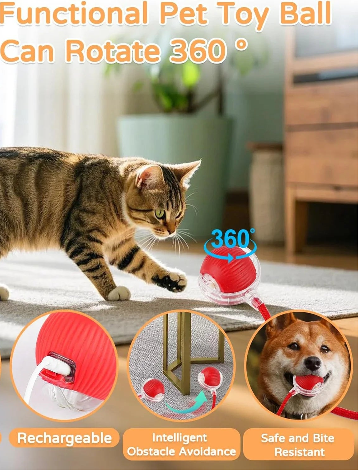 Balle interactive automatique pour chat – Jouet roulant rechargeable pour stimuler l'activité et l'instinct de chasse