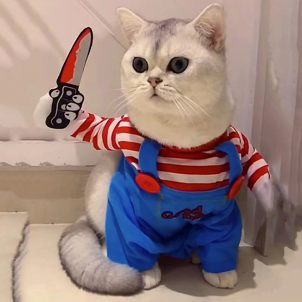 Costume Halloween pour chat et petit chien – Combinaison ajustable avec accessoire couteau en mousse