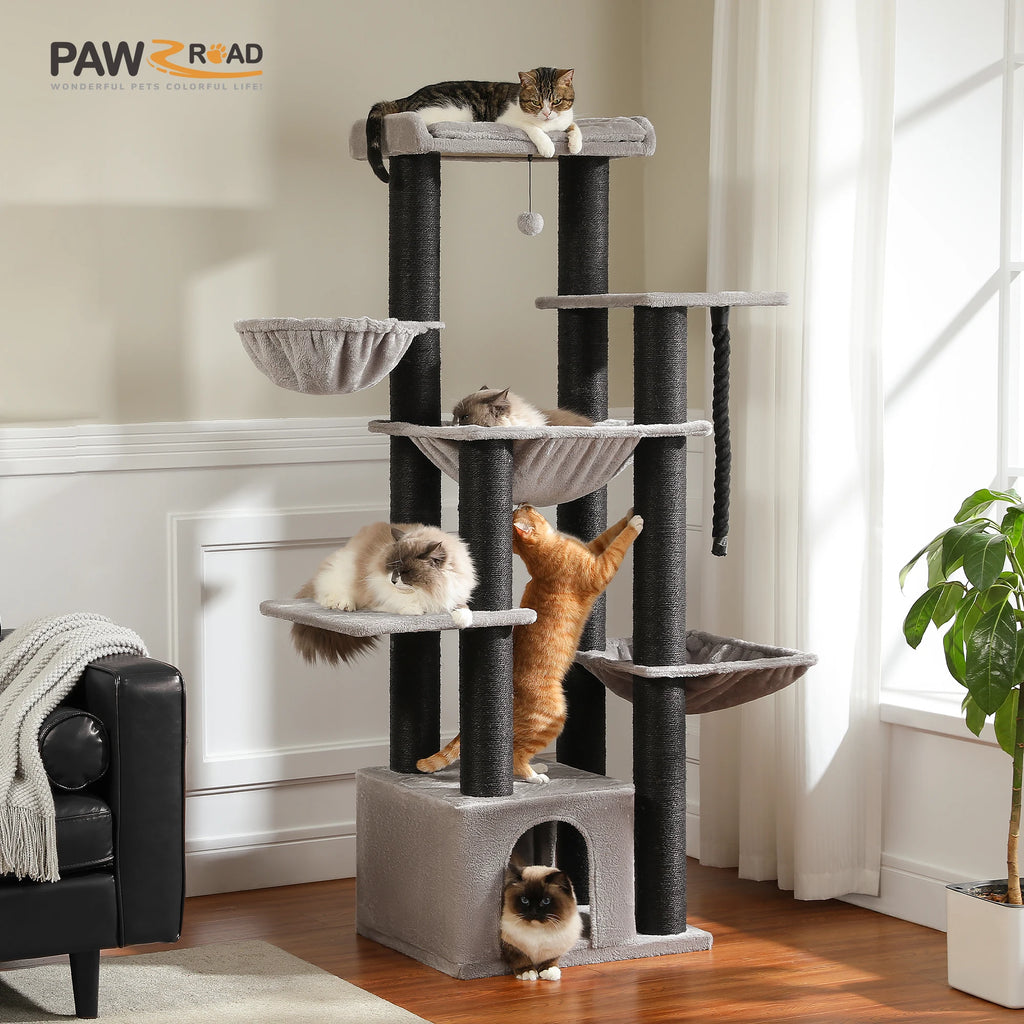 Grand arbre à chat 170 cm pour grands chats – 7 niveaux avec hamacs, niche et plateformes